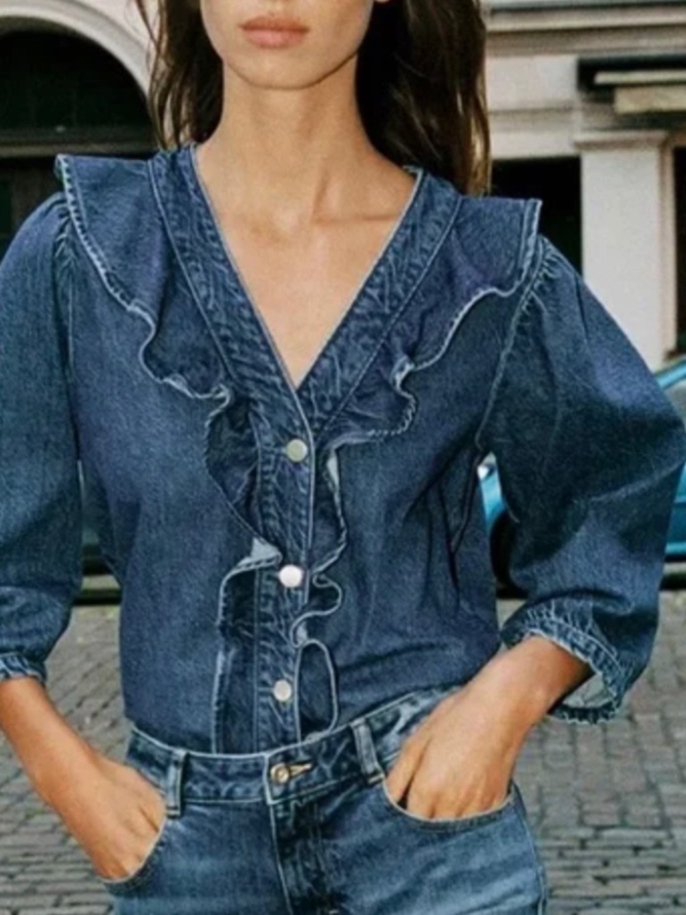 Zara z1975 Denim Ruffle Shirt puff sleeves Size Large Jean Cottagecore Y2K